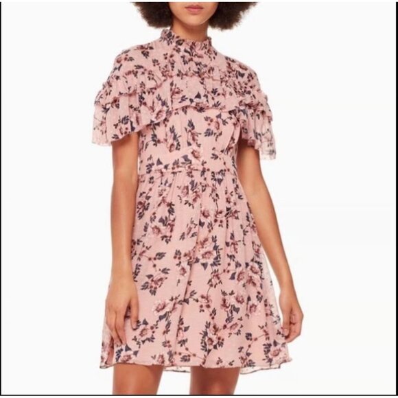 KATIE SPADE Pink Floral Ruffle Sleeve High Neck Fit And Flare Silk Dress size 6 - Picture 1 of 13